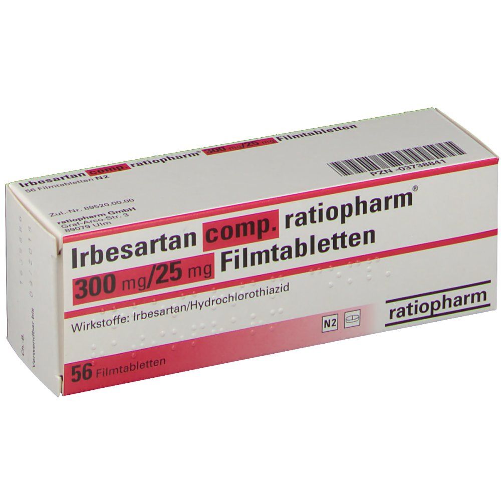 Schachtel mit IRBESARTAN CO RAT 300/25 Filmtabletten. 56 Tabletten. Rote und weiße Beschriftung. ratiopharm Logo.