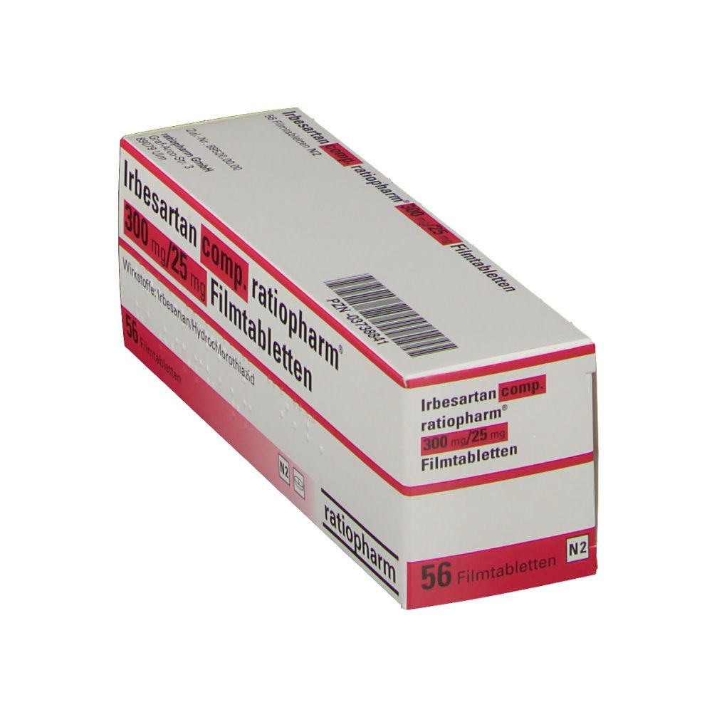 Schachtel mit IRBESARTAN CO RAT 300/25 Filmtabletten. 56 Tabletten. Rote und weiße Beschriftung. ratiopharm Logo.