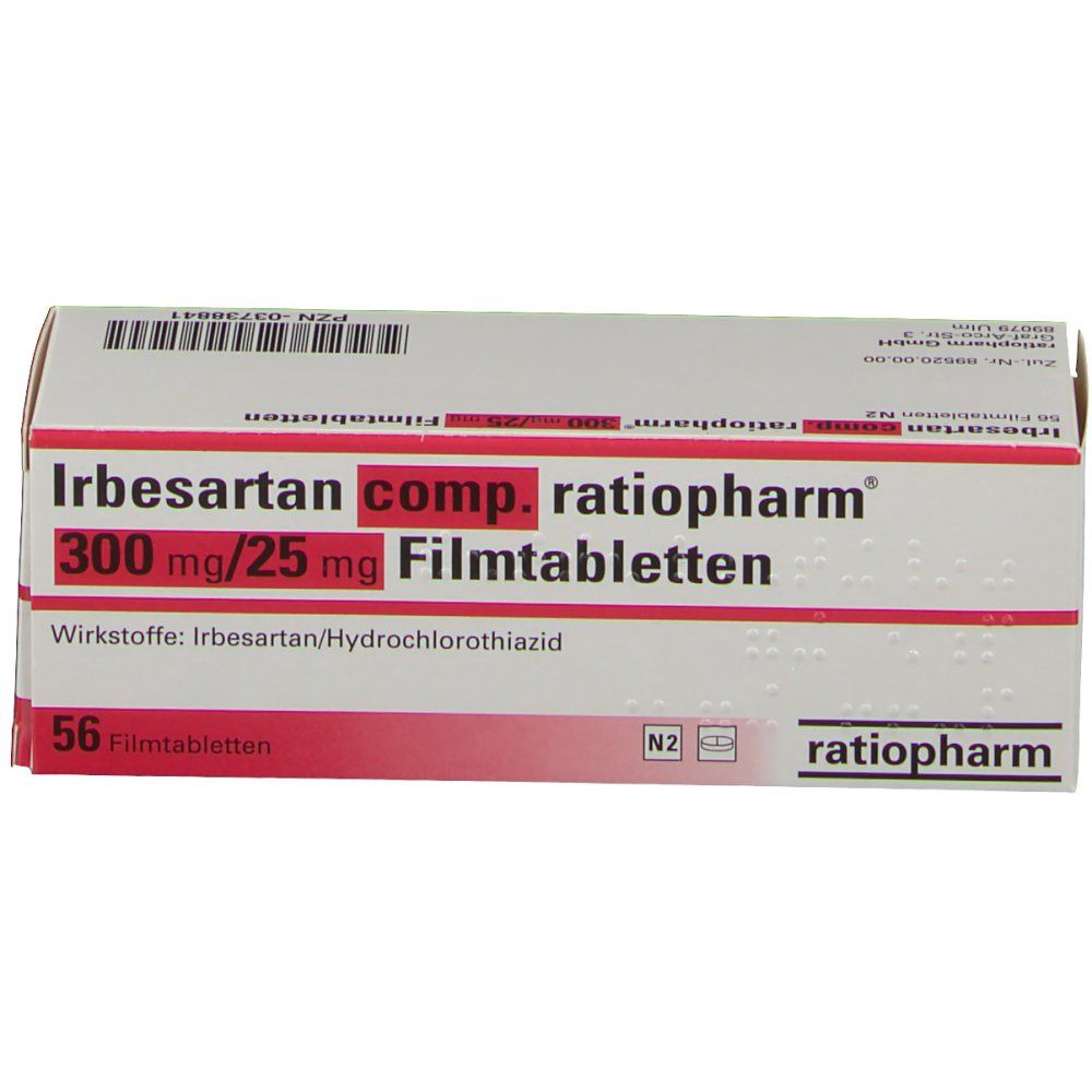 Schachtel mit IRBESARTAN CO RAT 300/25 Filmtabletten. 56 Tabletten. Rote und weiße Beschriftung. ratiopharm Logo.