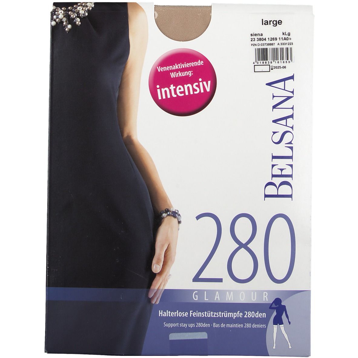 BELSANA 280den Glamour Schenkelstrumpf, Größe large, Farbe siena, auf Verpackung. Venenaktivierende Wirkung.