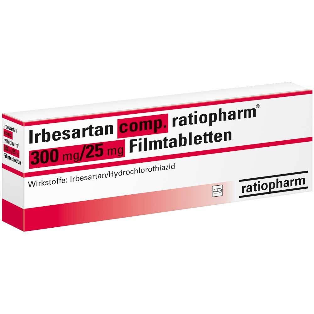 Schachtel mit Irbesartan comp. ratiopharm Filmtabletten. Aufschrift: 300 mg/25 mg. Wirkstoffe: Irbesartan/Hydrochlorothiazid. Marke: ratiopharm.
