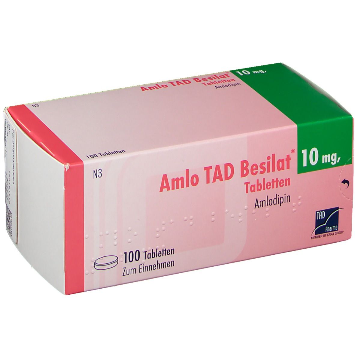 Verpackung von Amlodipin-Tabletten. Rosa-weißes Rechteck mit grüner Ecke. Beschriftung: Amlodipin, 10 mg, 100 Tabletten.