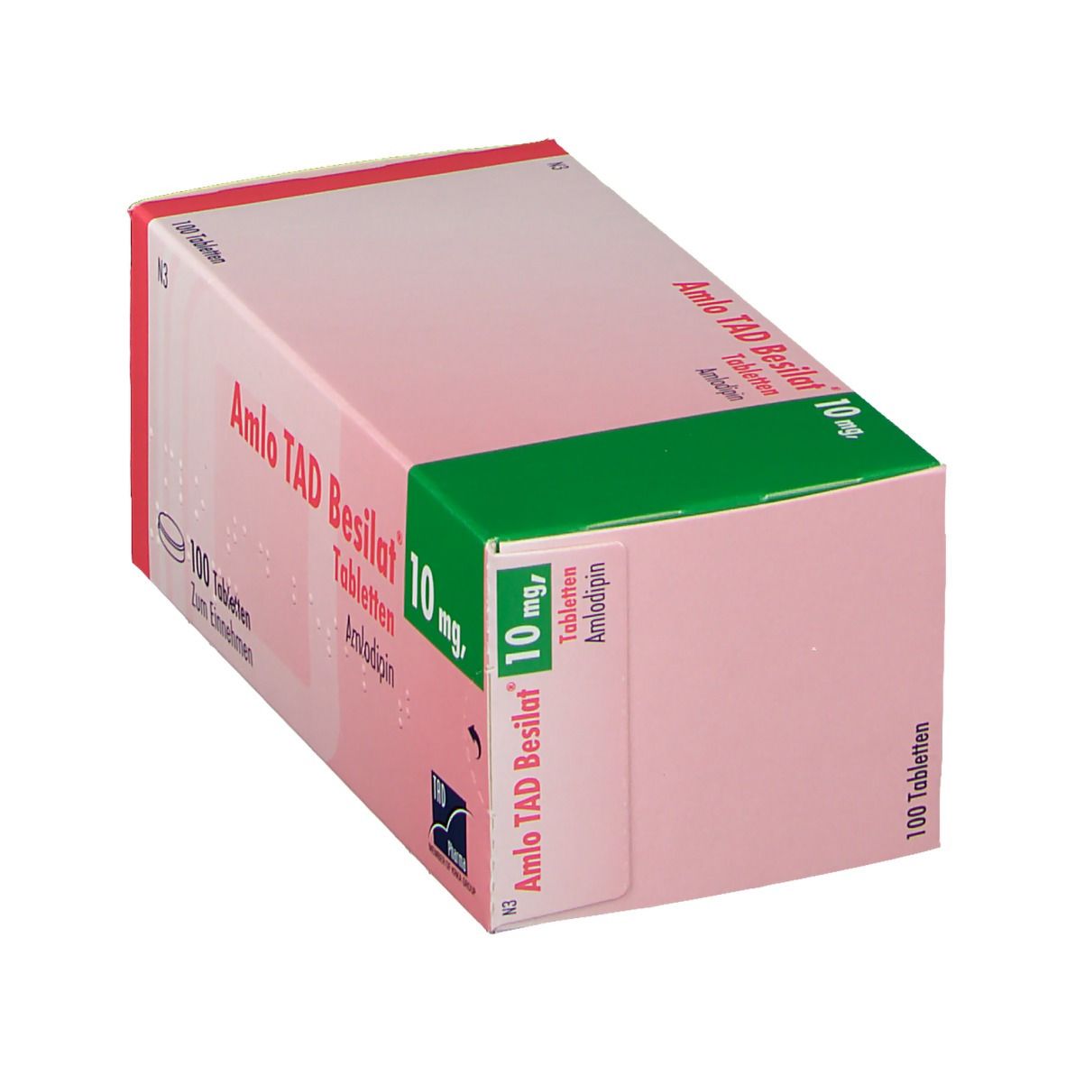 Schräg gestellte Verpackung von Amlodipin-Tabletten. Rosa-weißes Rechteck mit grüner Ecke. Beschriftung: Amlodipin, 10 mg, 100 Tabletten.