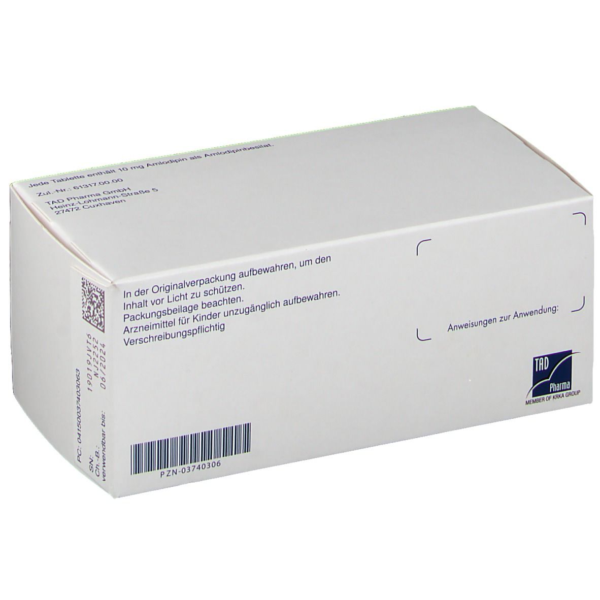 Rückseite der Amlodipin-Tabletten-Verpackung. Weiß mit Text und Barcode. Aufschrift: Anweisungen zur Anwendung.