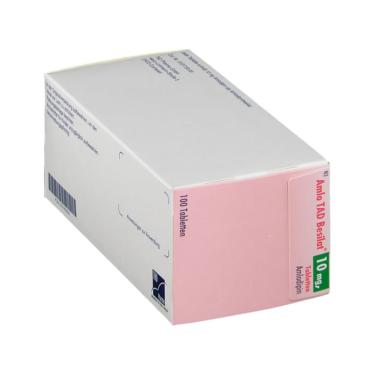 Schräg gestellte Rückseite der Amlodipin-Tabletten-Verpackung. Weiß mit Text und Barcode. Aufschrift: Anweisungen zur Anwendung.