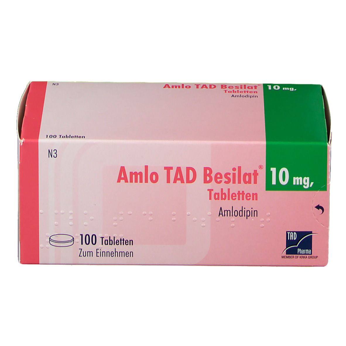 Verpackung von Amlodipin-Tabletten. Rosa-weißes Rechteck mit grüner Ecke. Beschriftung: Amlodipin, 10 mg, 100 Tabletten.