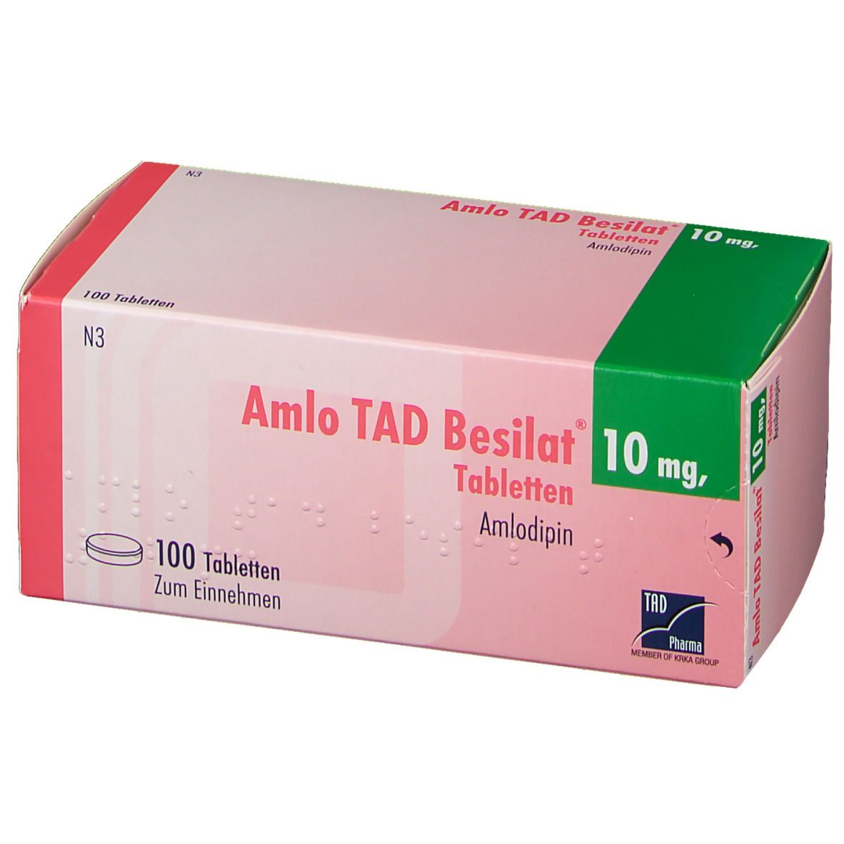 Verpackung von Amlodipin-Tabletten. Rosa-weißes Rechteck mit grüner Ecke. Beschriftung: Amlodipin, 10 mg, 100 Tabletten.