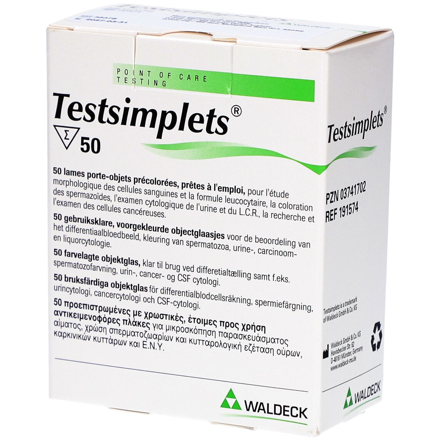 Verpackung von Testsimplets® mit 50 Objektträgern. Aufdrucke: Testsimplets®, Waldeck®, PZN, REF.