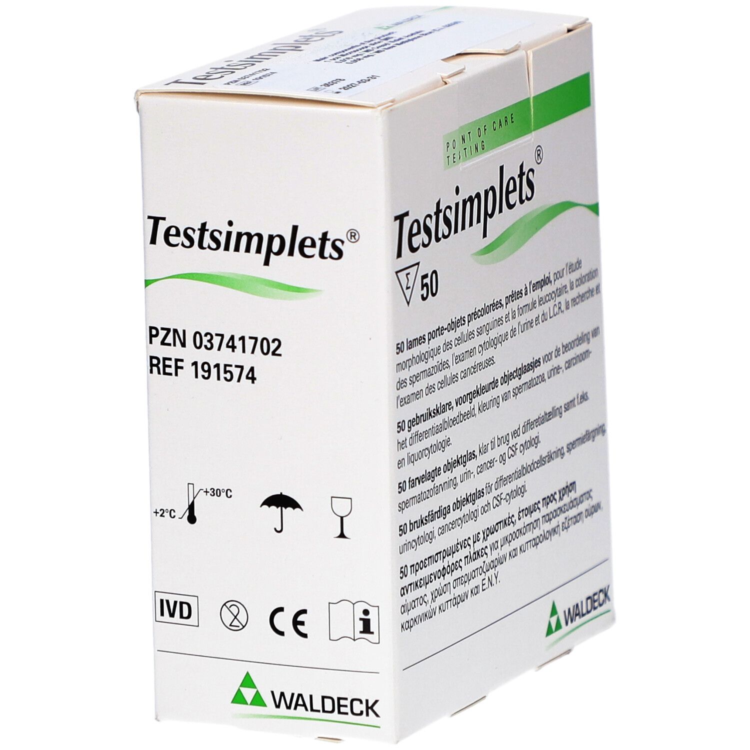 Schachtel Testsimplets® mit 50 Objektträgern. Aufdrucke: Testsimplets®, Waldeck®, PZN, REF, CE-Kennzeichnung.
