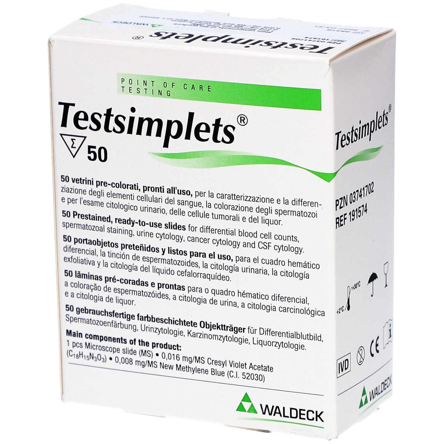 Verpackung von Testsimplets® mit 50 Objektträgern. Aufdrucke: Testsimplets®, Waldeck®, PZN, REF, Inhaltsangabe.