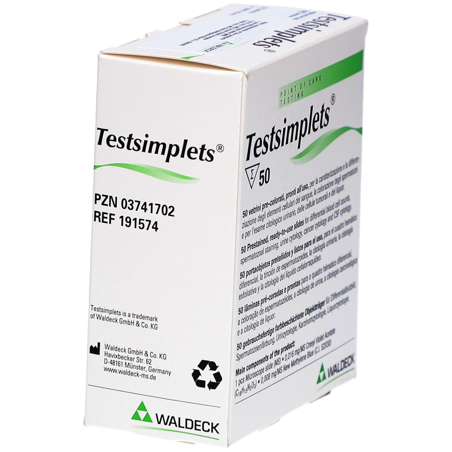 Schachtel Testsimplets® mit 50 Objektträgern. Aufdrucke: Testsimplets®, Waldeck®, PZN, REF, Herstelleradresse.