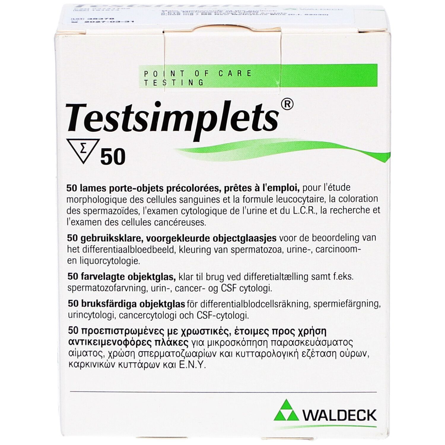 Verpackung von Testsimplets® mit 50 Objektträgern. Aufdrucke: Testsimplets®, Waldeck®, PZN, REF, Text in mehreren Sprachen.