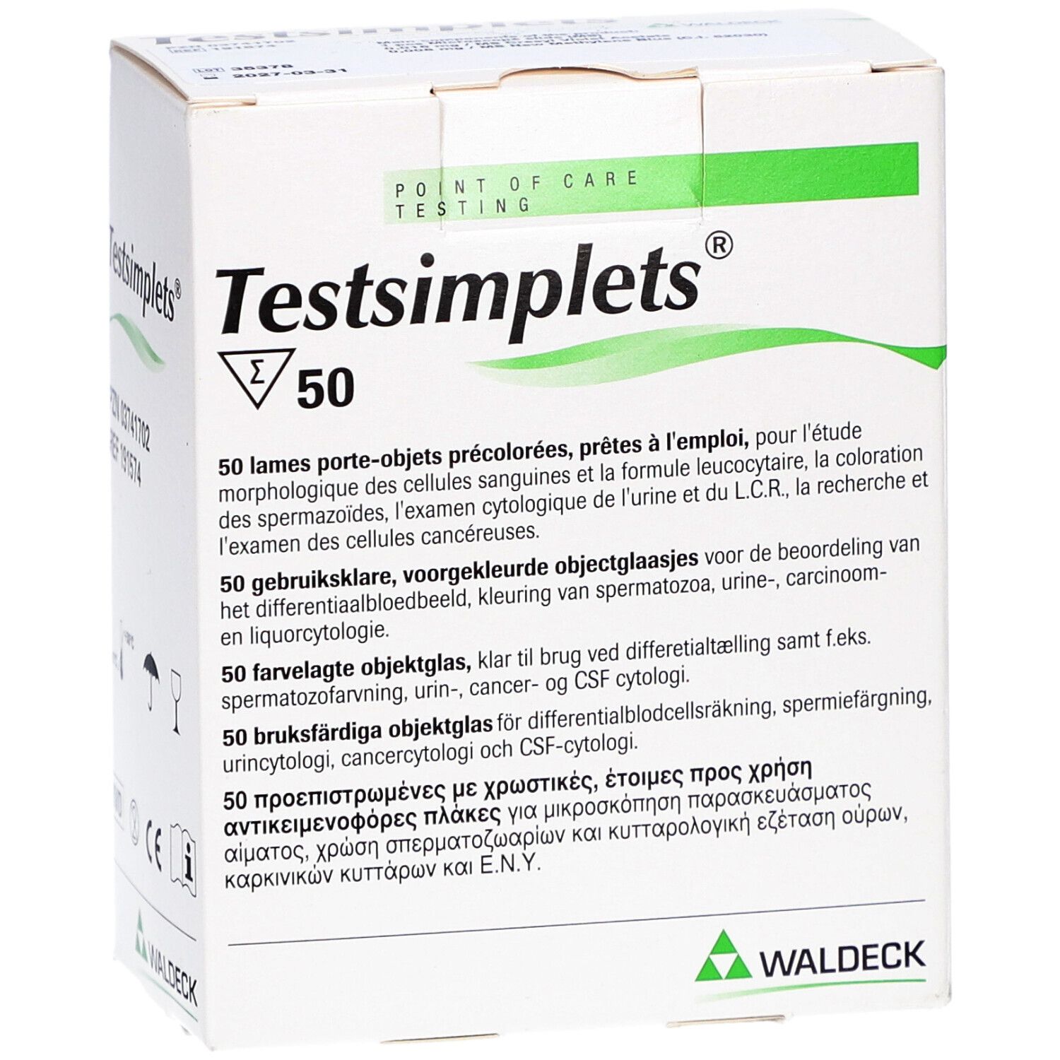 Verpackung von Testsimplets® mit 50 Objektträgern. Aufdrucke: Testsimplets®, Waldeck®, PZN, REF, Text in mehreren Sprachen.
