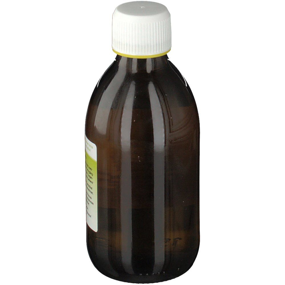Braune Glasflasche mit weißem Deckel. Etikett mit Text. Apothekenpflichtiges Arzneimittel.