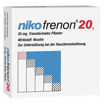 Weiße Schachtel mit "nikofrenon 20"-Schriftzug. Enthält transdermale Pflaster zur Raucherentwöhnung. 35 mg Nicotin.