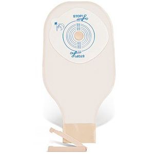 Beutel mit Verschluss. Beige und weiß. Mit Messskala und Schere-Symbol. Verschlussclip.