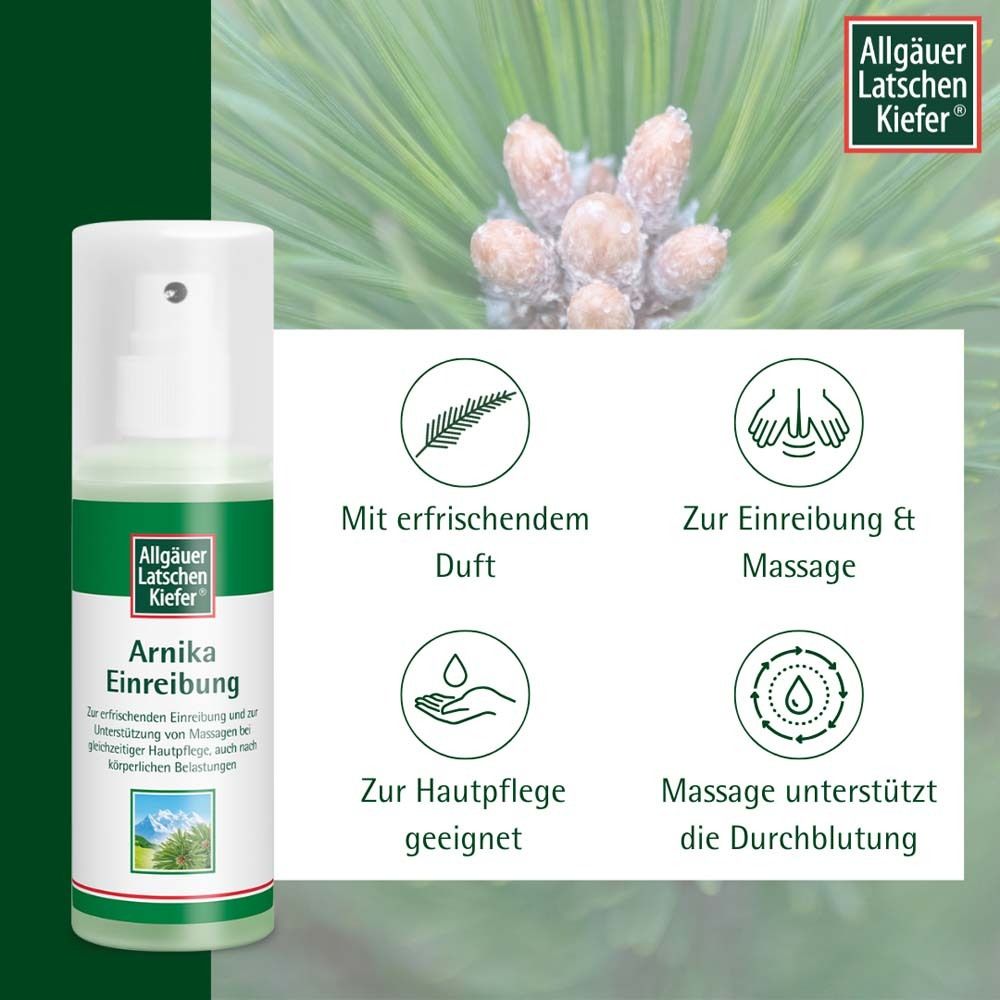 Flasche mit grüner Banderole. Symbole: erfrischender Duft, Einreibung & Massage, Hautpflege, Durchblutung.