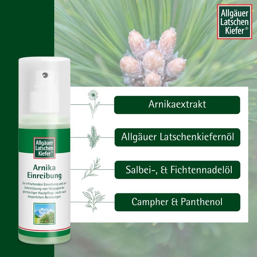 Flasche mit grüner Banderole. Inhaltsstoffe: Arnikaextrakt, Latschenkiefernöl, Salbei- & Fichtennadelöl, Campher & Panthenol.
