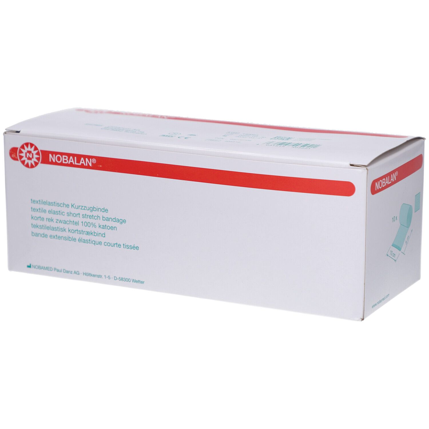 Verpackung von NOBALAN® textile elastische Kurzzugbinde. Weißer Karton mit rotem Streifen und Produktlogo.