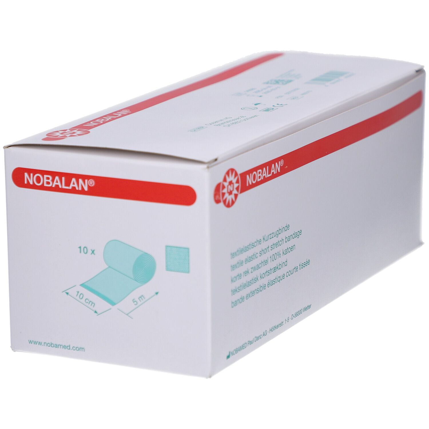 NOBALAN® Verpackung mit Bandage-Rolle. Aufdruck: 10 x, 10 cm x 5 m. Weißer Karton mit rotem Streifen.