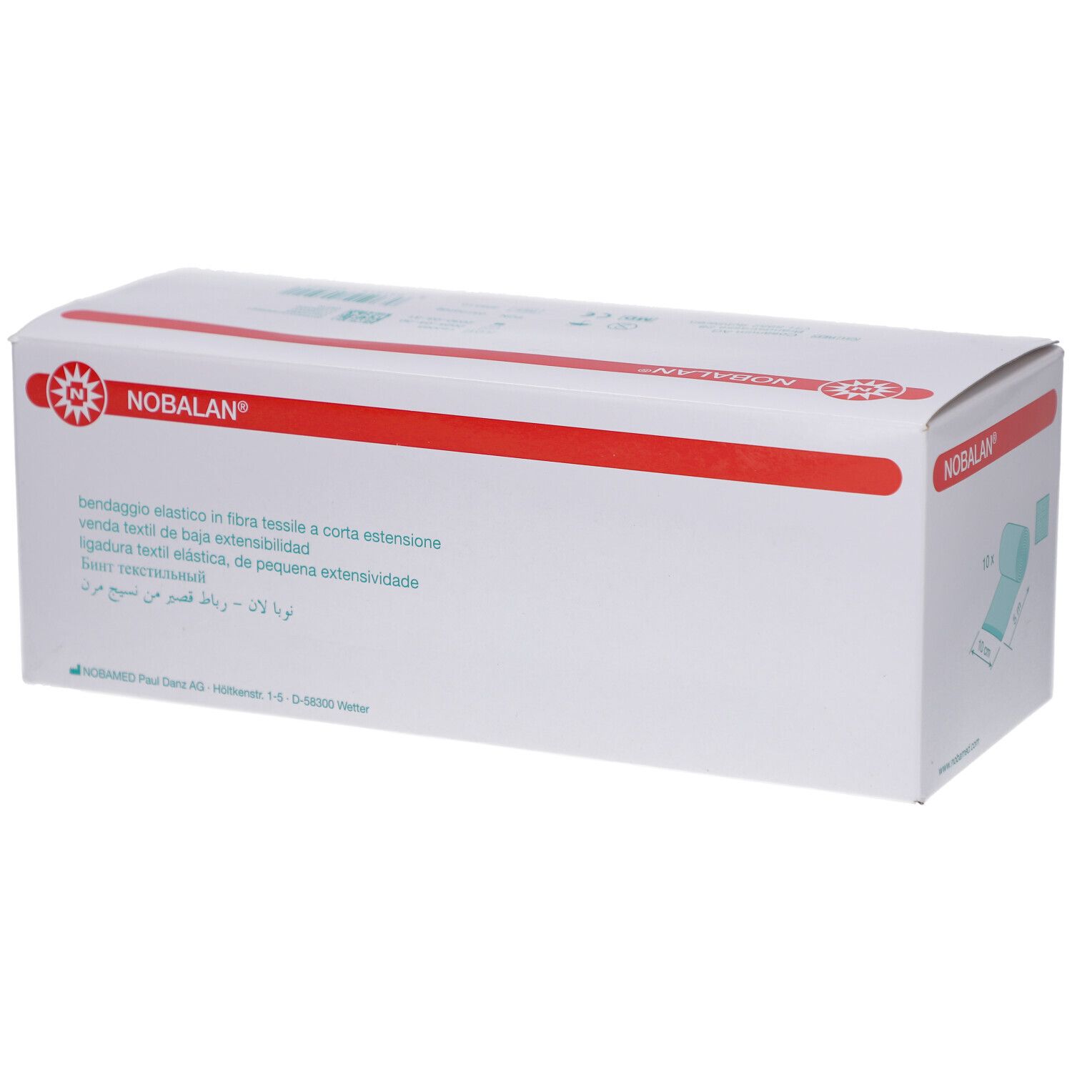 Verpackung von NOBALAN® Bandage. Weißer Karton mit rotem Streifen und Produktlogo. Text in mehreren Sprachen.