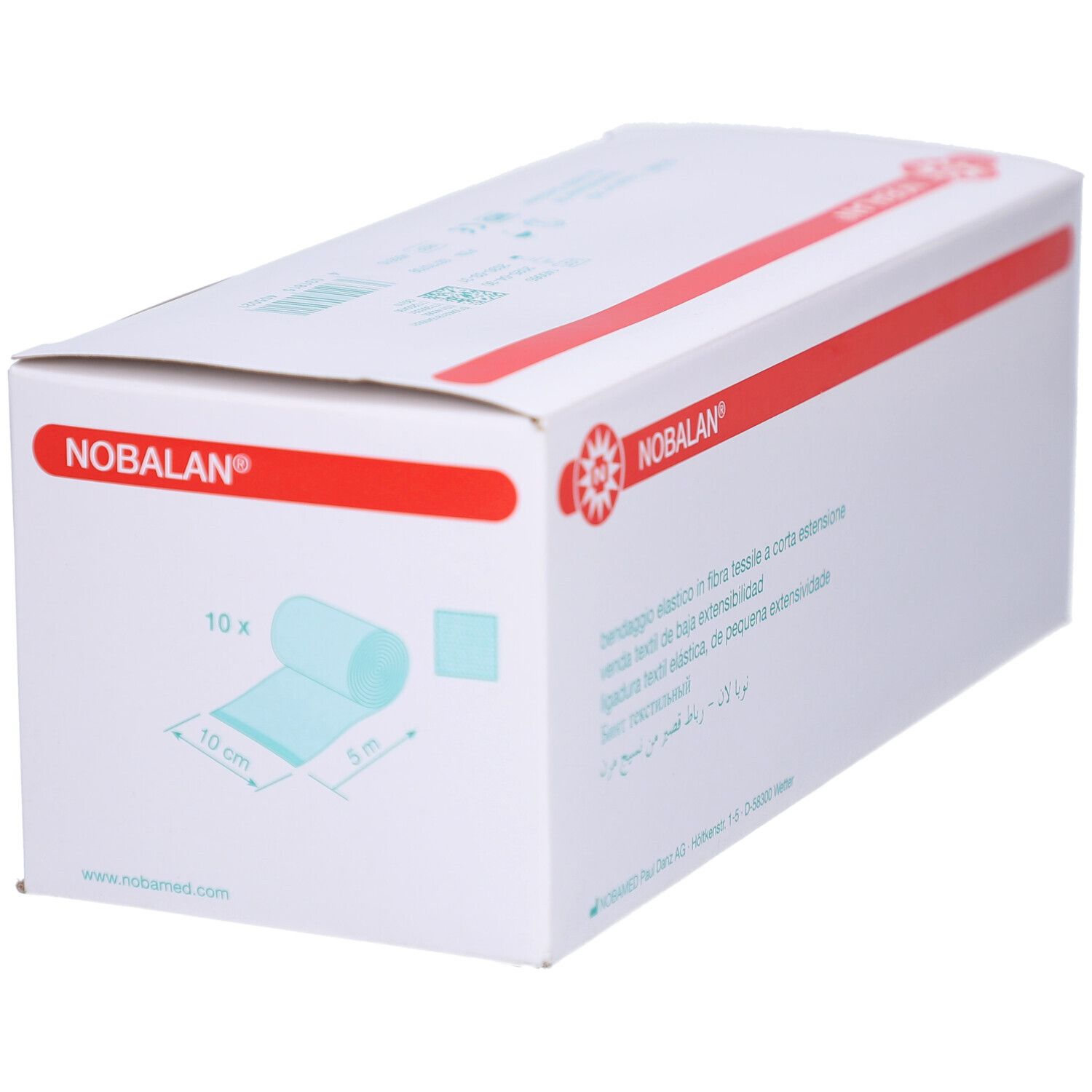 NOBALAN® Verpackung mit Bandage-Rolle. Aufdruck: 10 x, 10 cm x 5 m. Weißer Karton mit rotem Streifen.