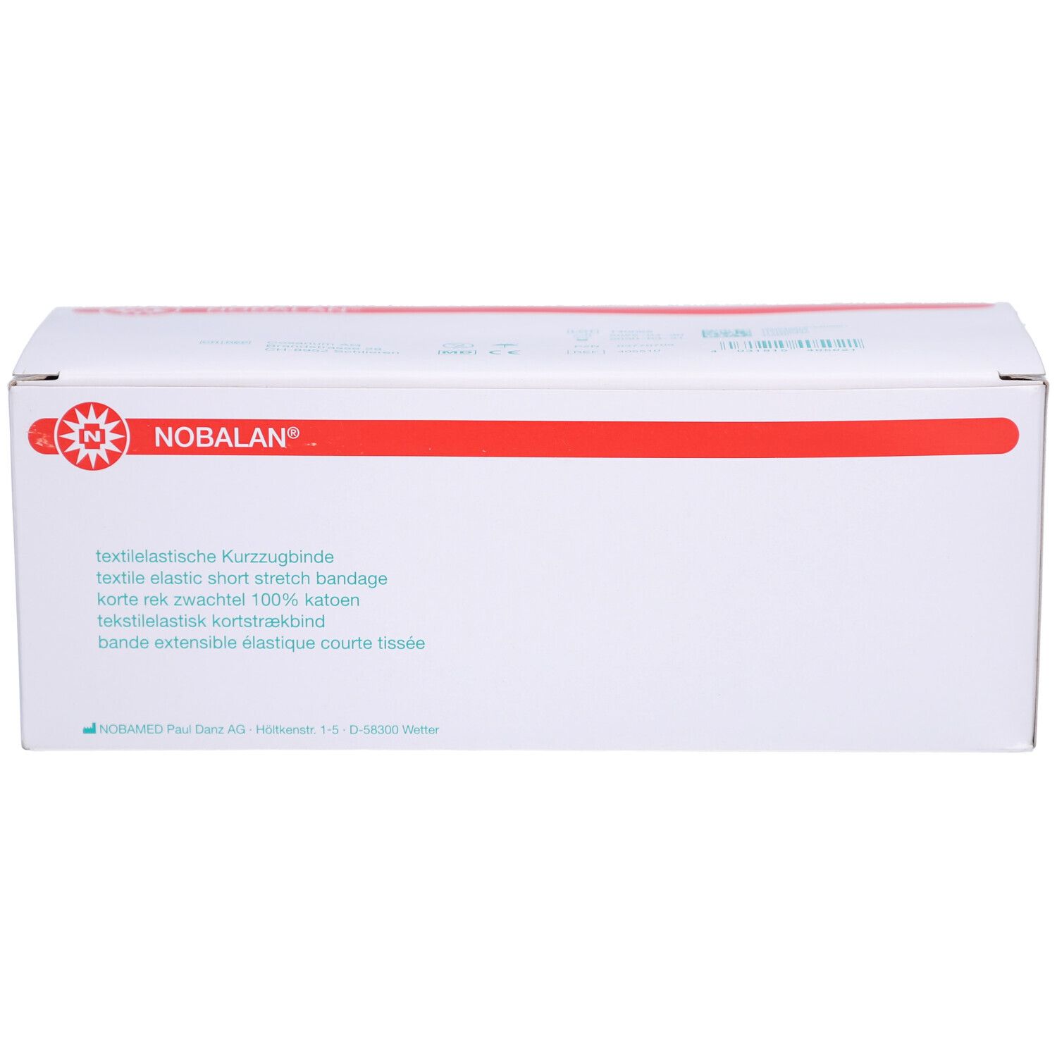 NOBALAN® Verpackung. Weißer Karton mit rotem Streifen. Text in mehreren Sprachen.