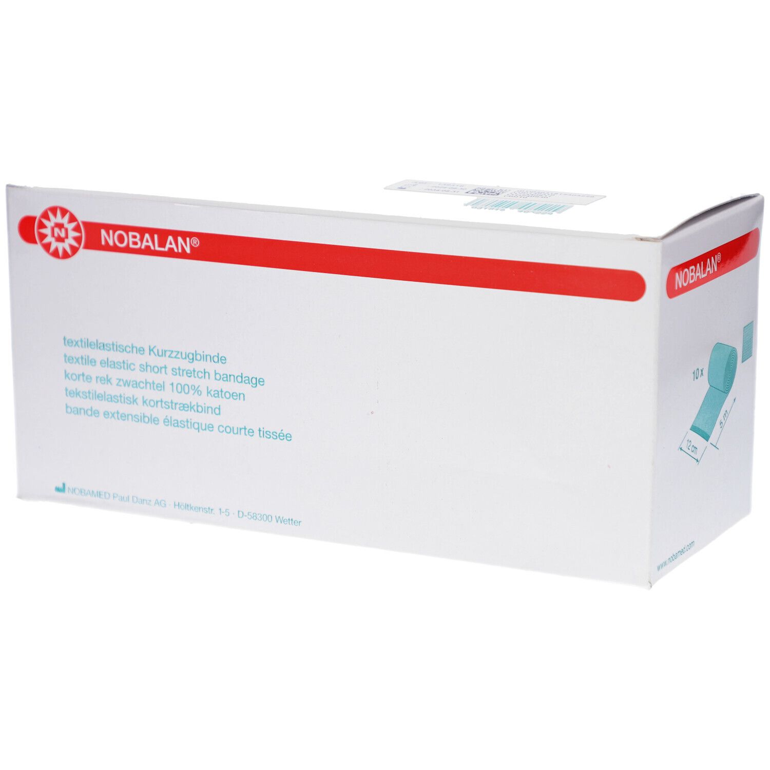 NOBALAN® Kurzzugbinde-Verpackung. Weißer Karton mit rotem Streifen und Logo. Text: textilelastische Kurzzugbinde.