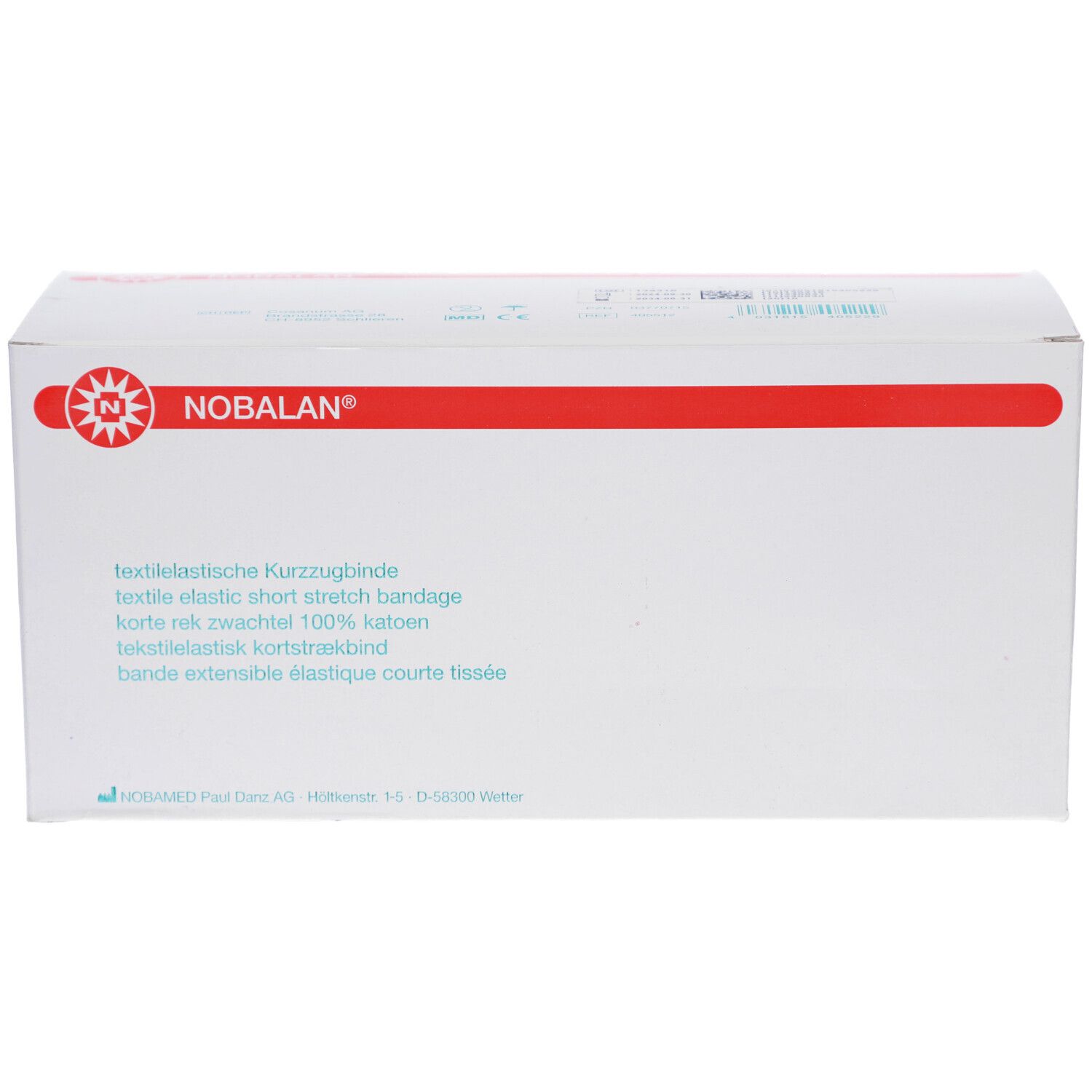 NOBALAN® Kurzzugbinde-Verpackung. Weißer Karton mit rotem Streifen und Logo. Text: textilelastische Kurzzugbinde.