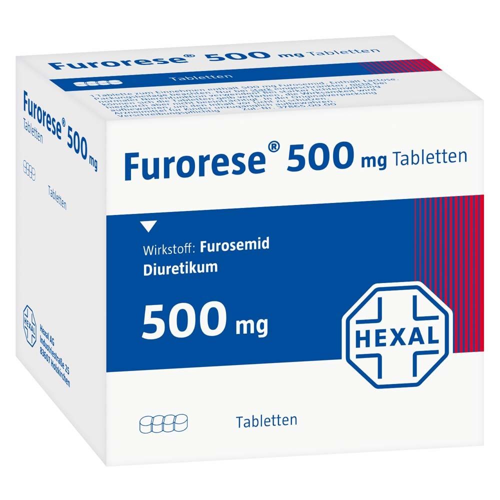 Weiße Schachtel mit "Furorese 500 mg Tabletten". Blaue Fläche mit Wirkstoff, Dosierung und Hexal-Logo. Tabletten-Symbol unten.
