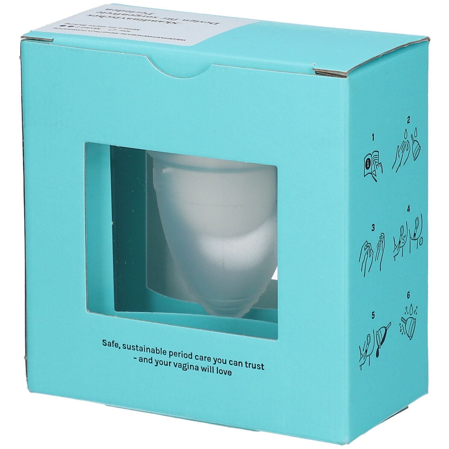 Türkisfarbene Verpackung mit Sichtfenster. Menstruationstasse sichtbar. Text: menstrual cup. Marke Lunette.