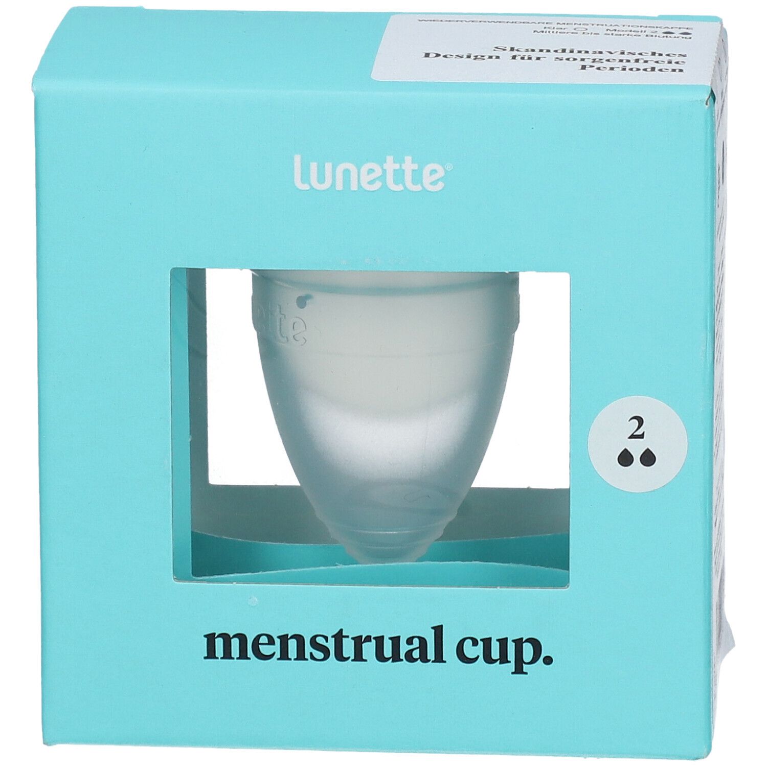 Verpackung der Menstruationstasse. Marke Lunette. Sichtfenster zeigt die Tasse. Text: menstrual cup.