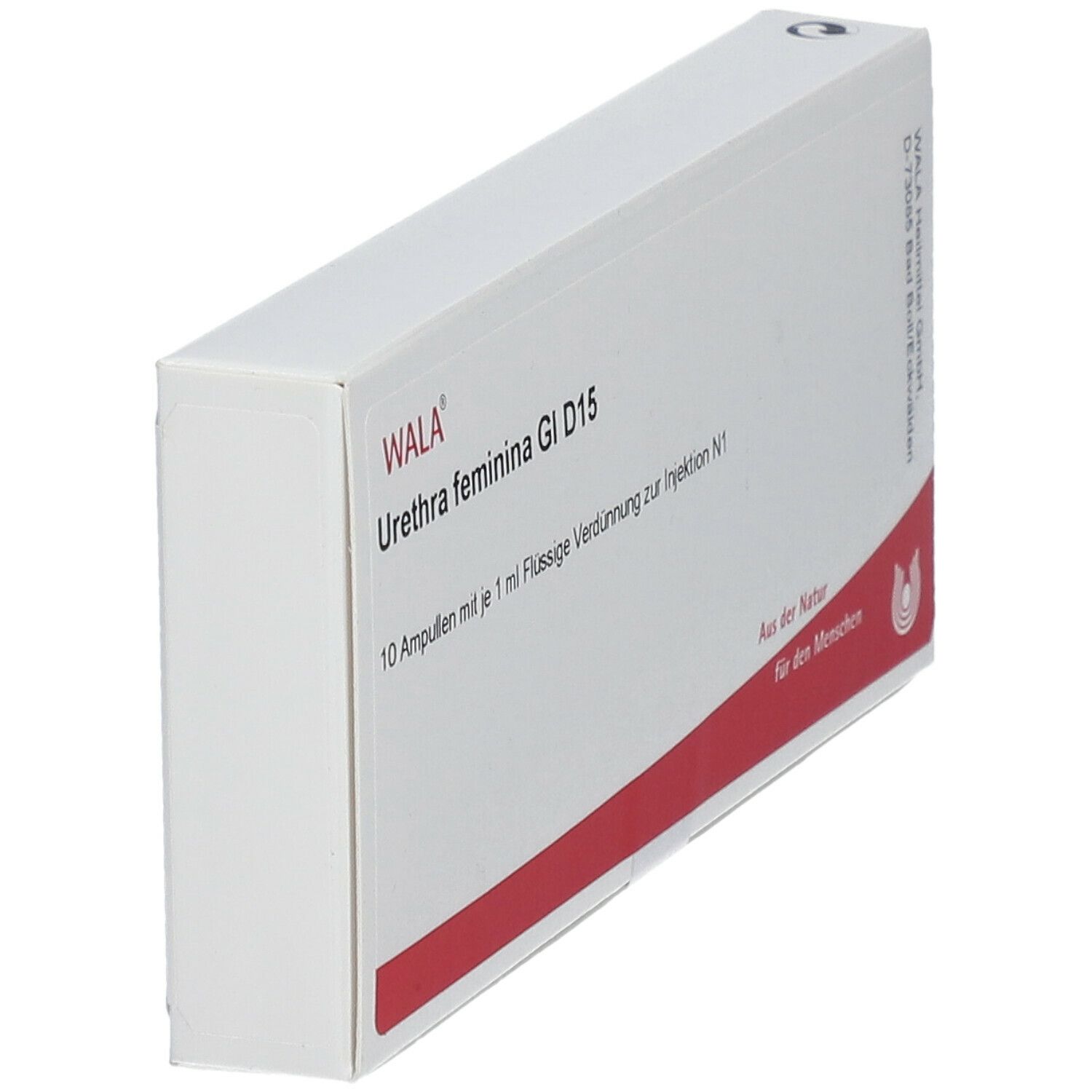 Schräg gestellte weiße Faltschachtel mit roter Linie. Aufdruck: WALA Urethra feminina Gl D15. Logo.