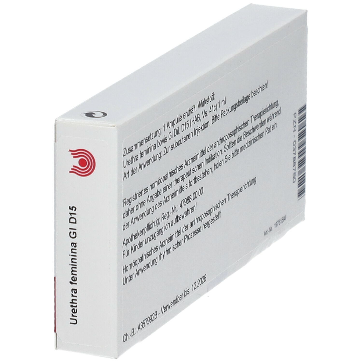 Schräg gestellte weiße Faltschachtel. Aufdruck: Urethra feminina Gl D15. Text: Zusammensetzung, Anwendung, Chargennummer.