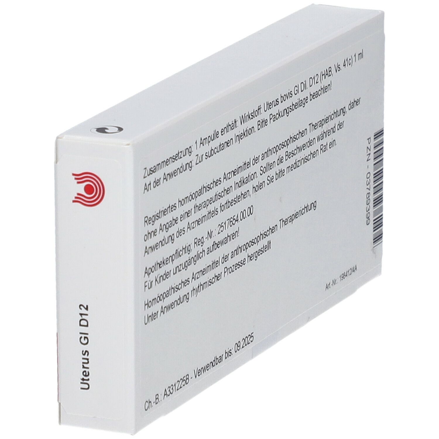 Schachtel mit Aufschrift WALA Uterus Gl D12. Rückseite mit Text und Barcode. Schrägansicht.