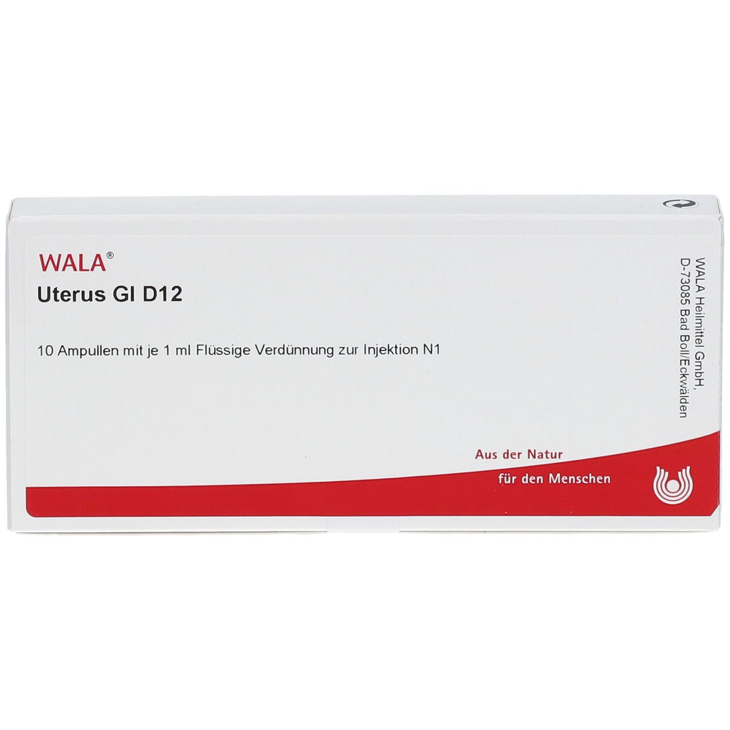 Weiße Schachtel mit rotem Streifen. Aufschrift: WALA Uterus Gl D12. 10 Ampullen.
