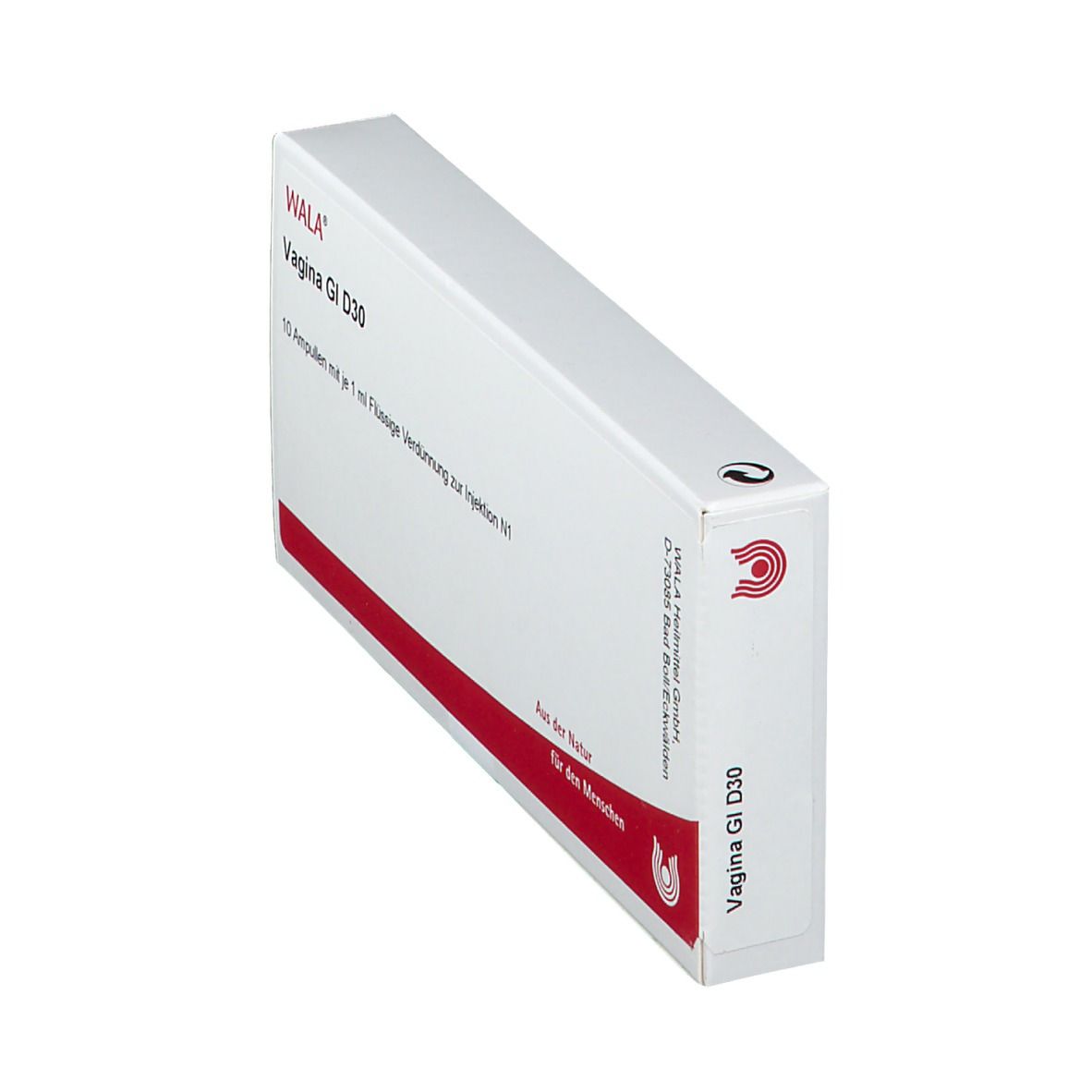 Schachtel WALA Vagina GI D30, weiß mit rotem Streifen. Aufdruck: 10 Ampullen. Seitenansicht. Logo und Text: Aus der Natur für den Menschen.
