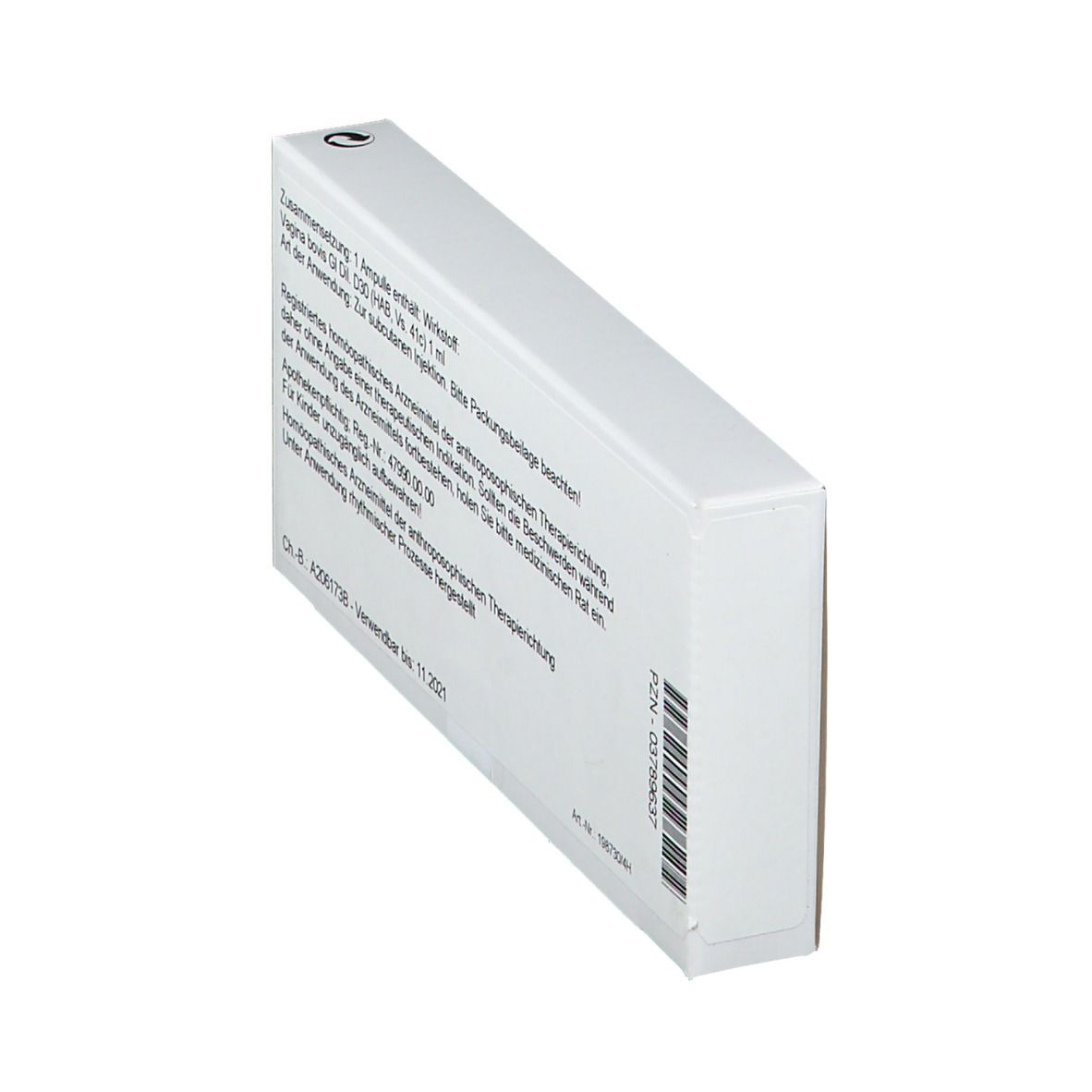Rückseite der Schachtel WALA Vagina GI D30. Text und Barcode. Herstelleradresse. Aufdruck: Aus der Natur für den Menschen.