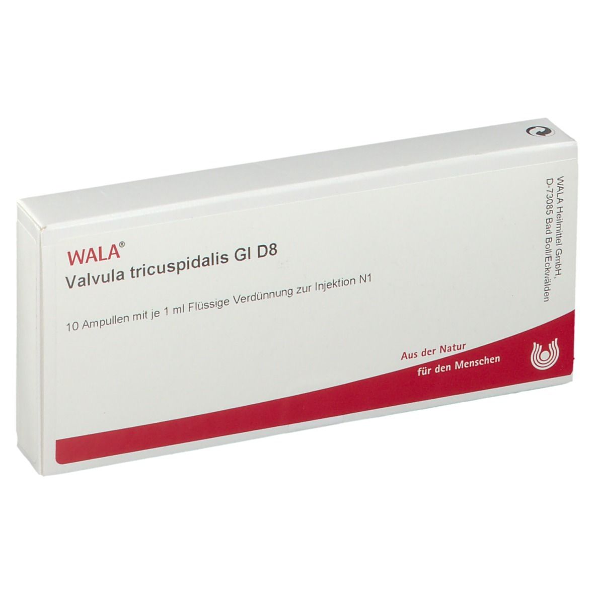 Weiße Schachtel mit rotem Streifen. Aufschrift: WALA® Valvula tricuspidalis GI D8. 10 Ampullen mit je 1 ml Flüssige Verdünnung.