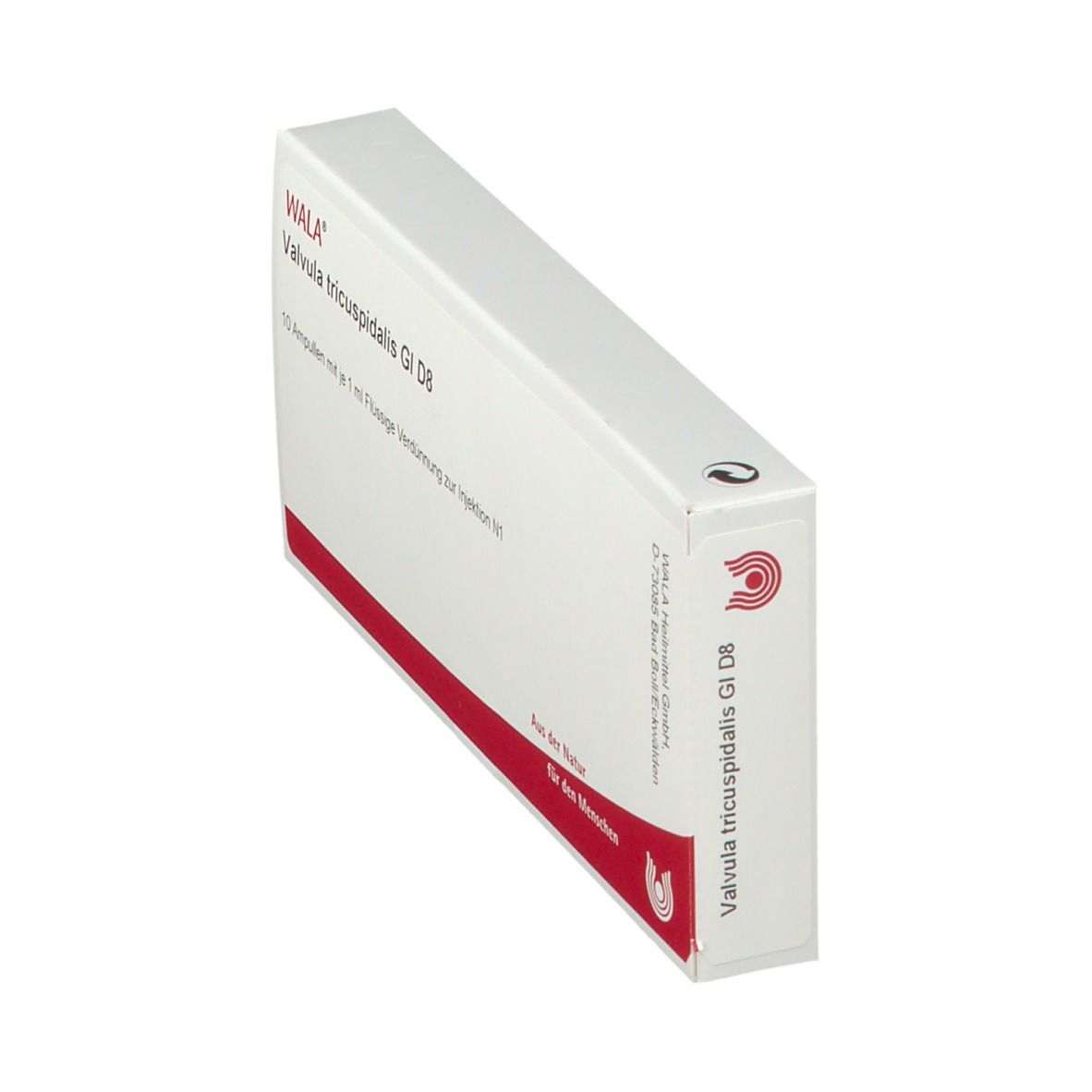 Schachtel, schräg von oben. Aufschrift: WALA® Valvula tricuspidalis GI D8. Roter Streifen. Logo. Text auf der Seite.