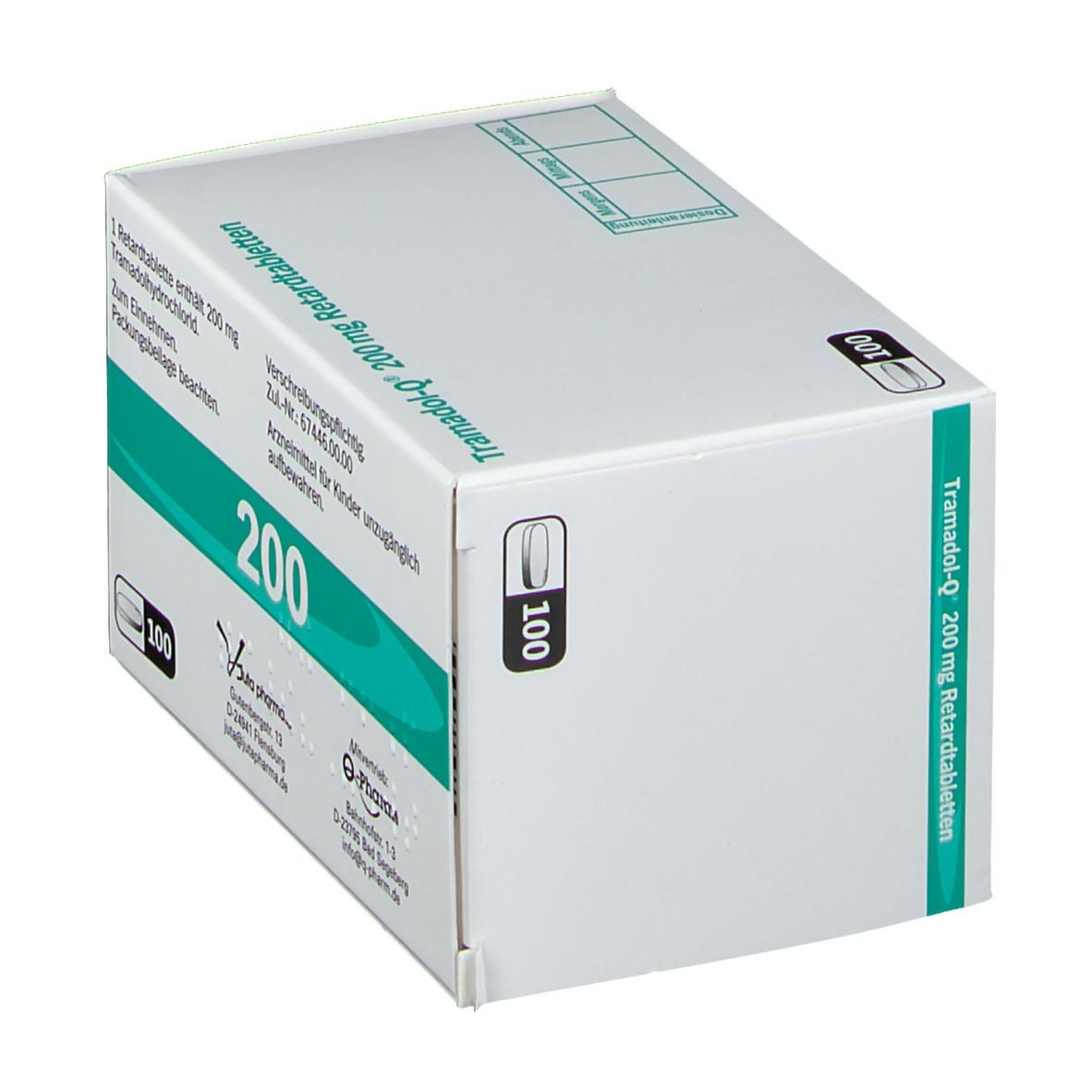 Schachtel mit Tabletten. Aufschrift: Tramadol-Q® 200 mg Retardtabletten. Packung mit 100 Tabletten. Weiße Schachtel mit grünen Akzenten.