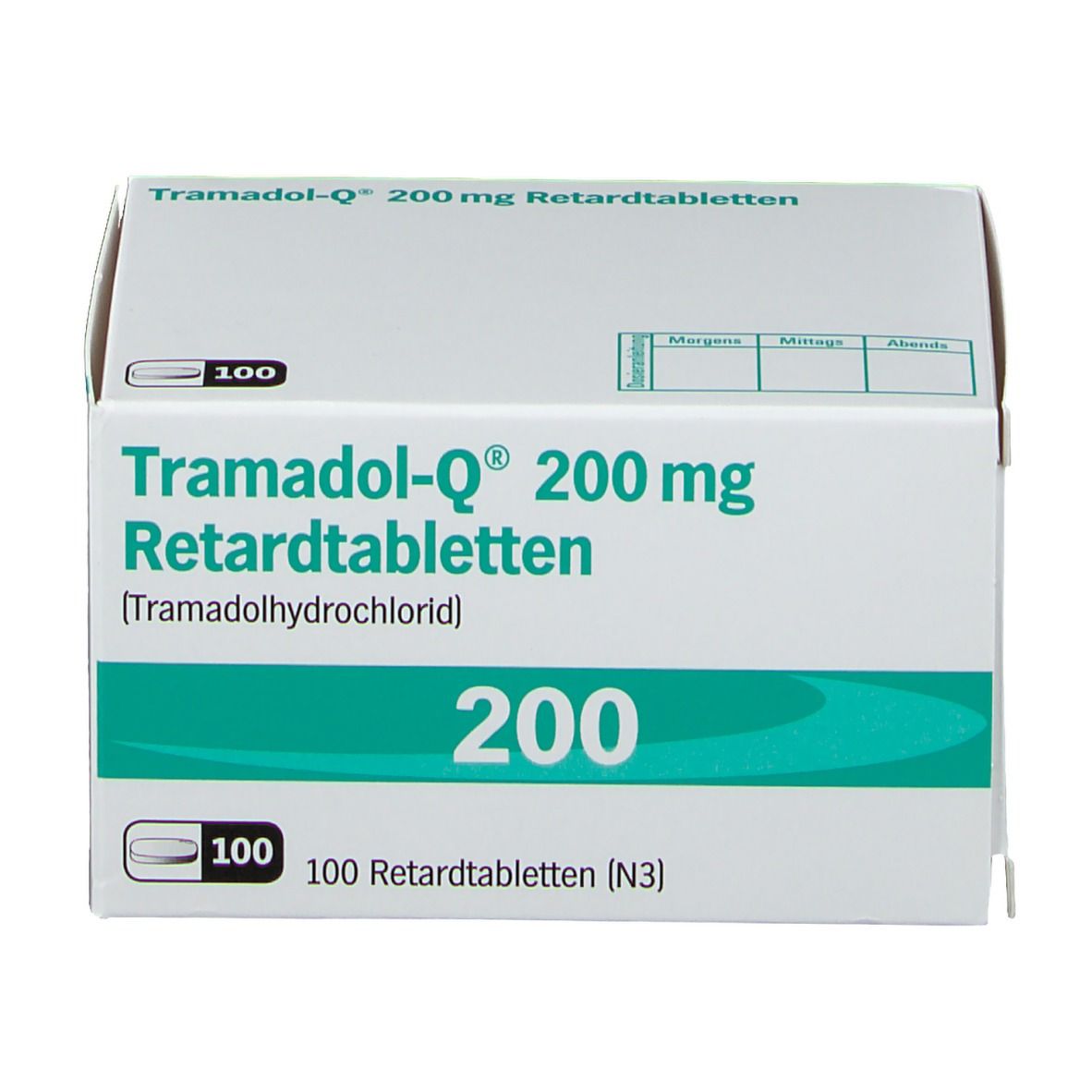 Schachtel mit Tabletten. Aufschrift: Tramadol-Q® 200 mg Retardtabletten. Packung mit 100 Tabletten. Weiße Schachtel mit grünen Akzenten.