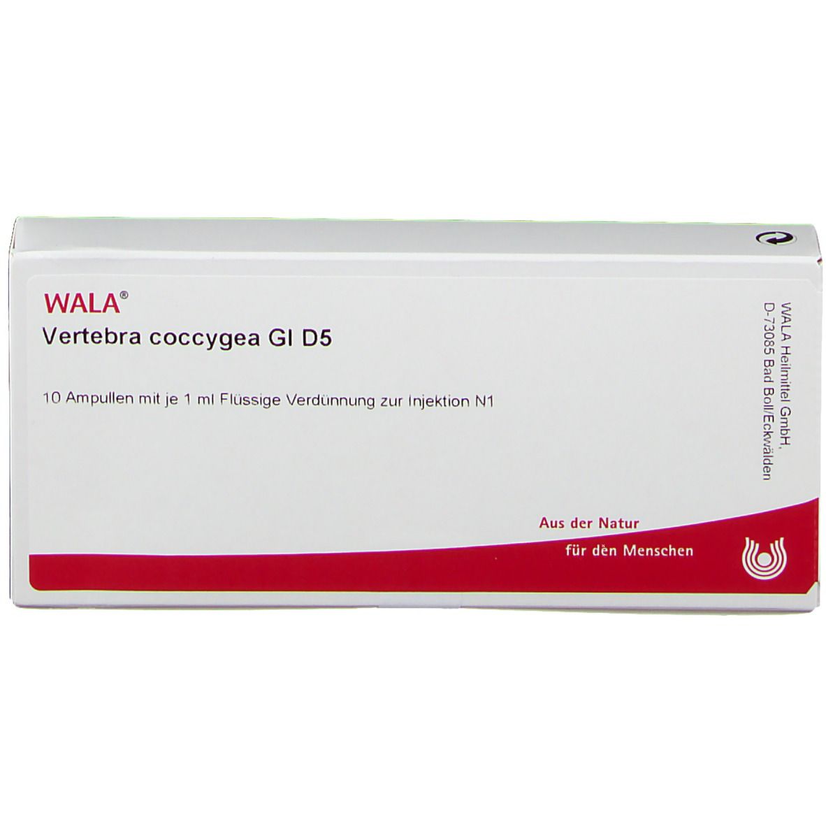 WALA® Vertebra coccygea Gl D 5. Weiße Faltschachtel mit roter Linie. Text: 10 Ampullen, 1 ml. Schriftzug: Aus der Natur für den Menschen.