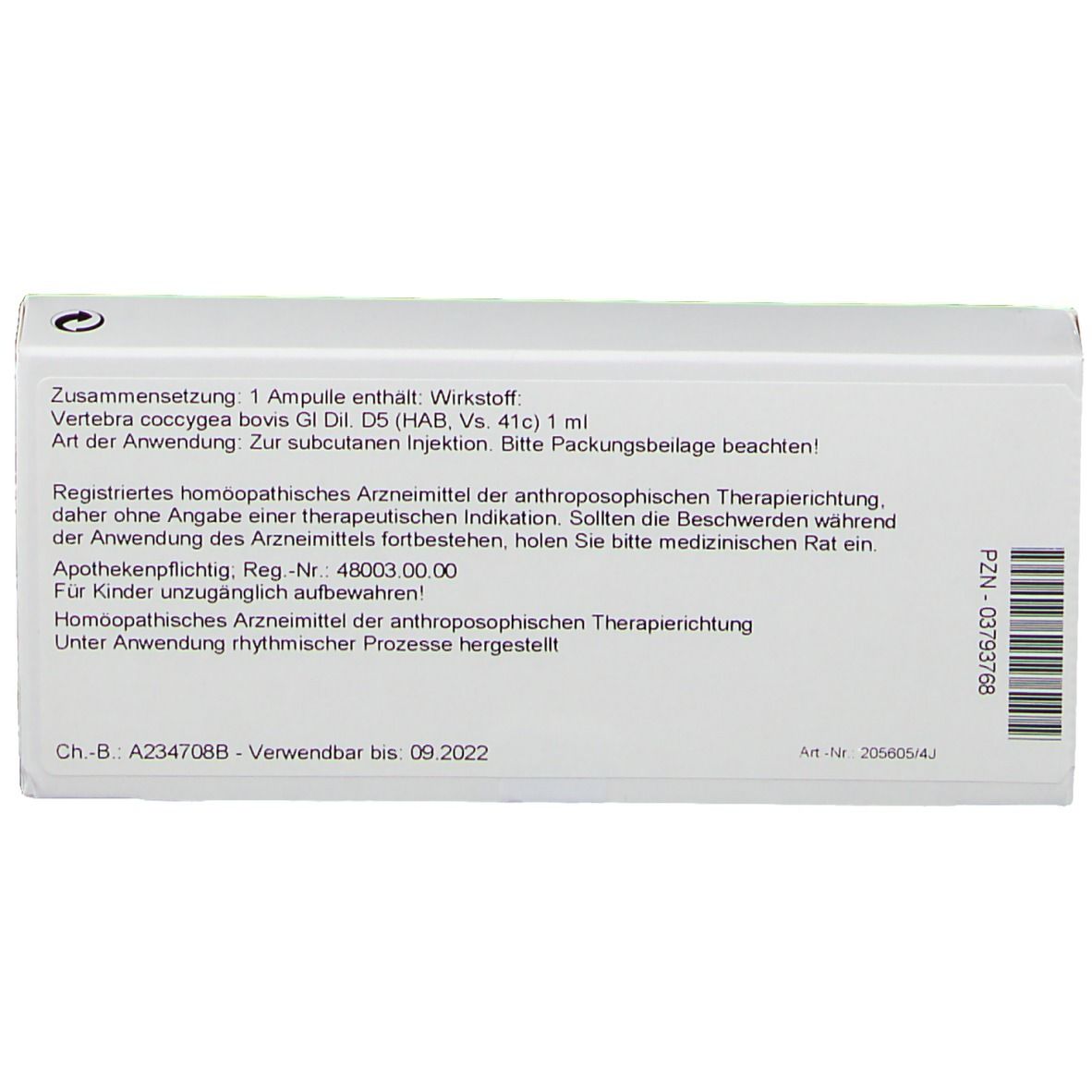 Rückseite der WALA®-Verpackung. Text: Zusammensetzung, Anwendung, PZN, Ch.-B. A234708B, Verwendbar bis 09.2022. Barcode.