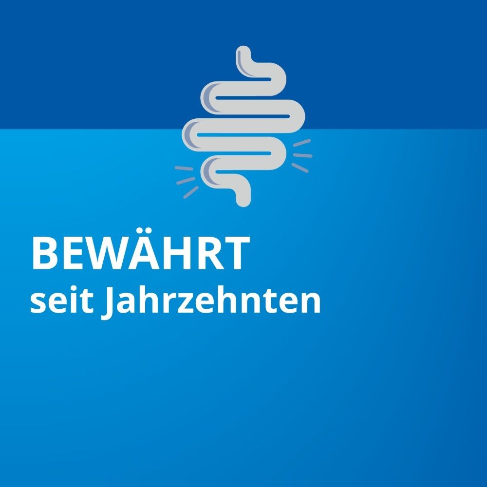 Grafik eines Verdauungssystems, Text: Bewährt seit Jahrzehnten.