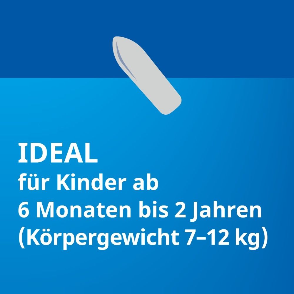 Grafik eines Zäpfchens, Text: Ideal für Kinder ab 6 Monaten bis 2 Jahre.