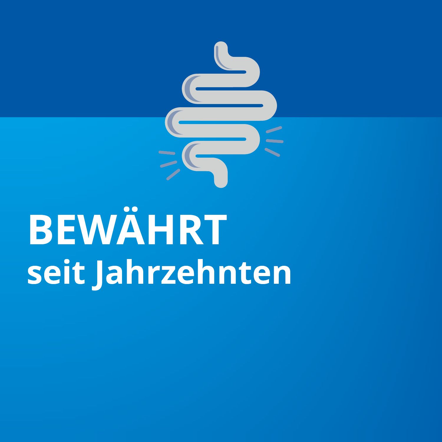 Symbol eines Verdauungssystems. Text: Bewährt seit Jahrzehnten.