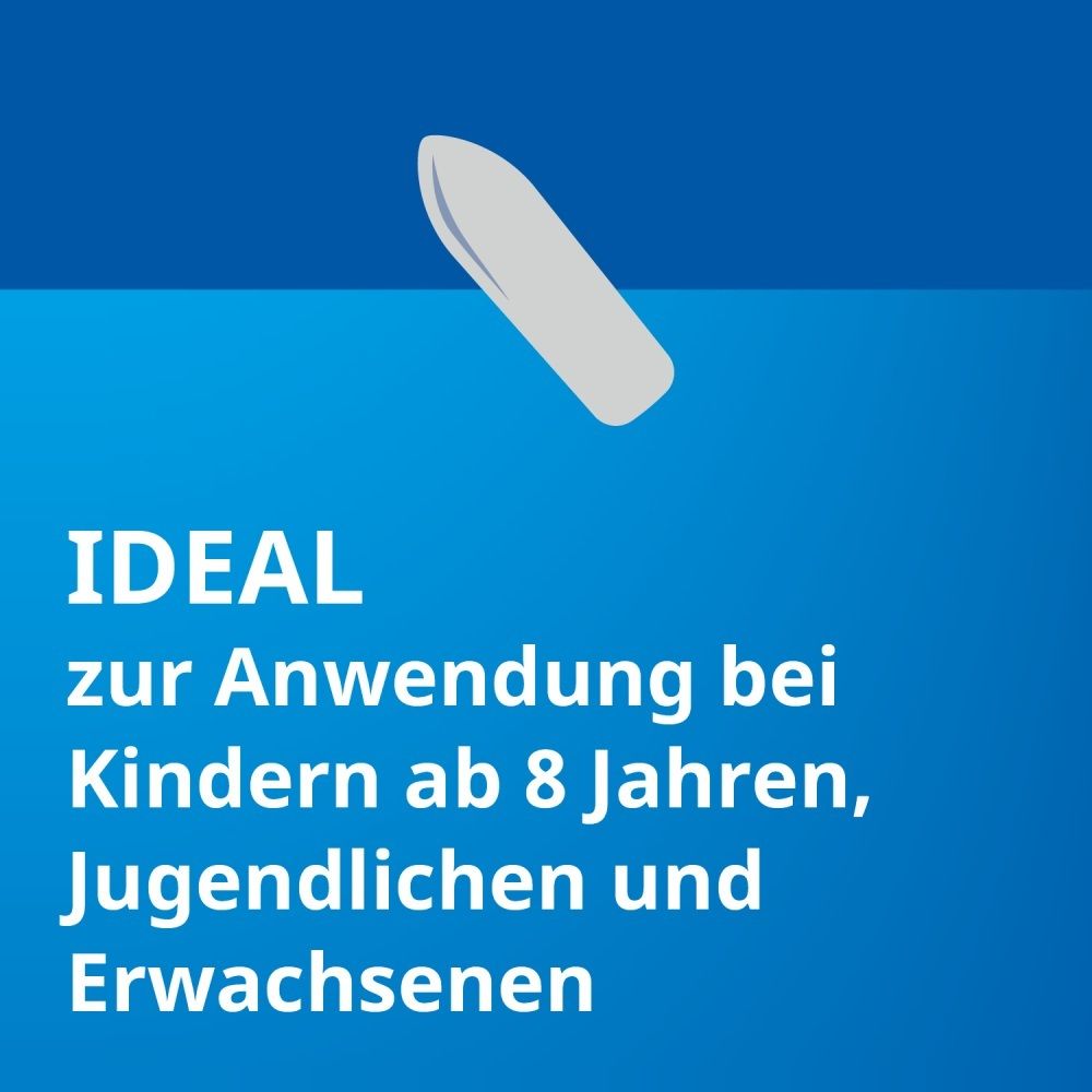 Symbol eines Zäpfchens. Text: Ideal zur Anwendung bei Kindern ab 8 Jahren, Jugendlichen und Erwachsenen.