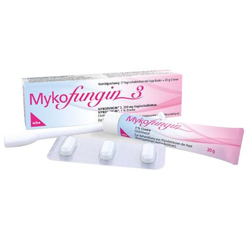 Kombipackung Mykofungin 3 mit Vaginaltabletten, Creme und Applikator. Rosa-weiße Verpackung mit Produktnamen. Tabletten in Blisterpackung.