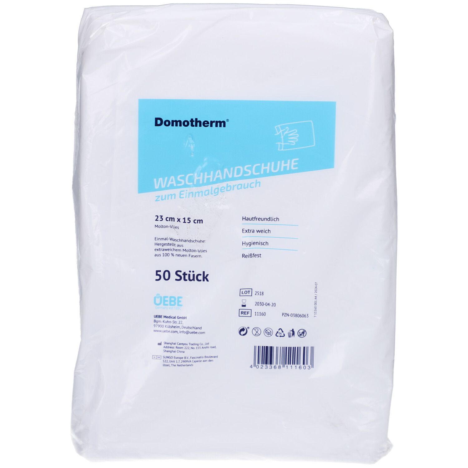 Verpackung mit Waschhandschuhen. Aufschrift: Domotherm Waschhandschuhe, 23 cm x 15 cm, 50 Stück. Eigenschaften: hautfreundlich, extra weich, hygienisch, reißfest.